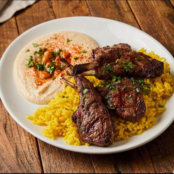 Grilled lamb chops with yellow rice and hummus, garnished with parsley and paprika.