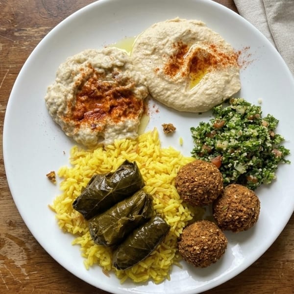 A white plate with hummus, baba ghanoush, yellow rice, stuffed grape leaves, falafel, and tabbouleh.