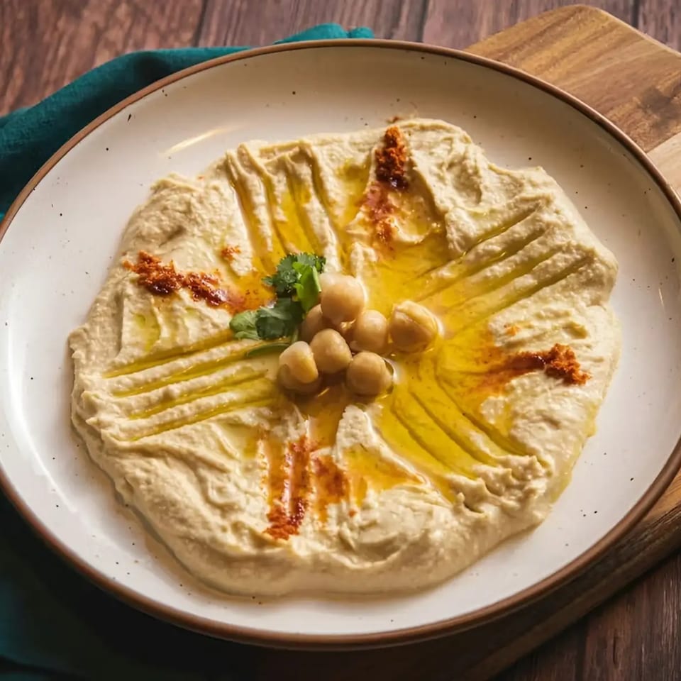 Creamy hummus drizzled with olive oil, garnished with chickpeas, paprika, and cilantro on a white plate.